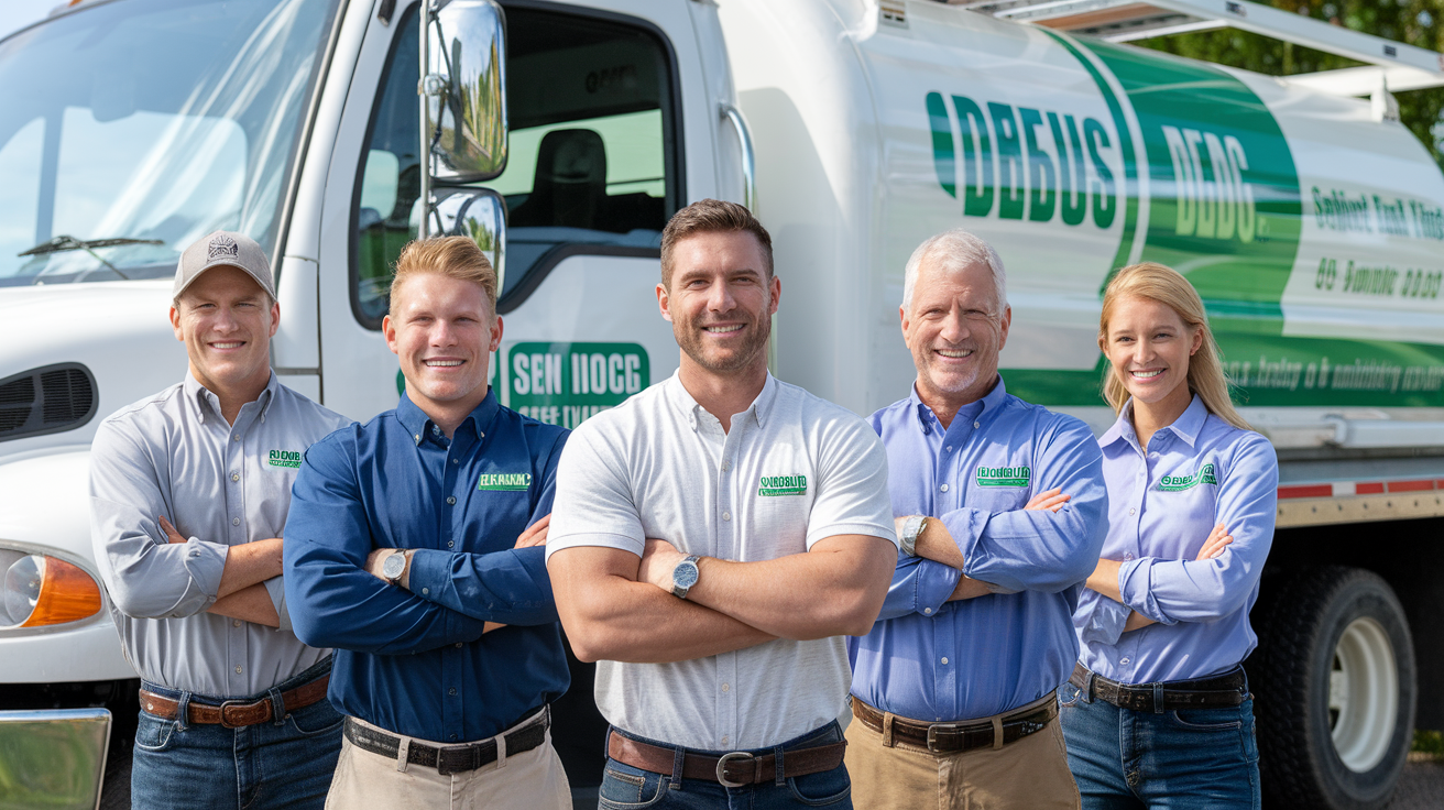 Septic service professionals standing in front of their work truck
