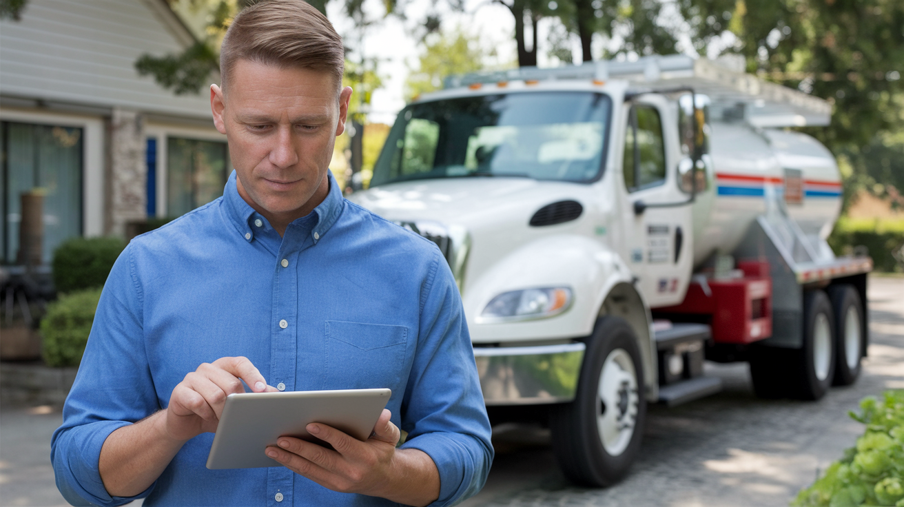 Septic business owner reviewing analytics with pump truck in background